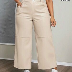 Women's Beige Wide-Leg Faux Leather Pants